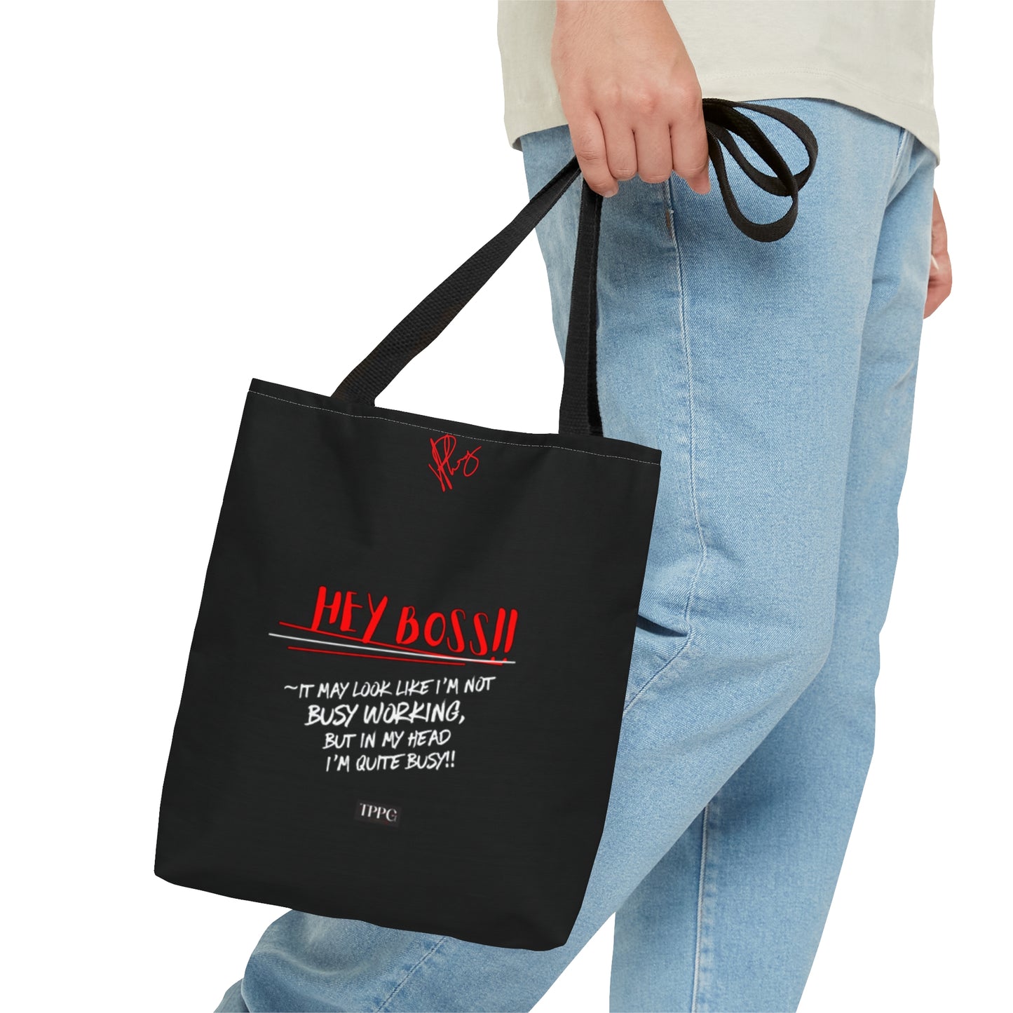 Fun 3 sizes - Black 'Hey, Boss' Handy 'Brand Quotable Design' - Front facing Style Design Tote Bag from the 'TPPG-Apparel' Brand Collection