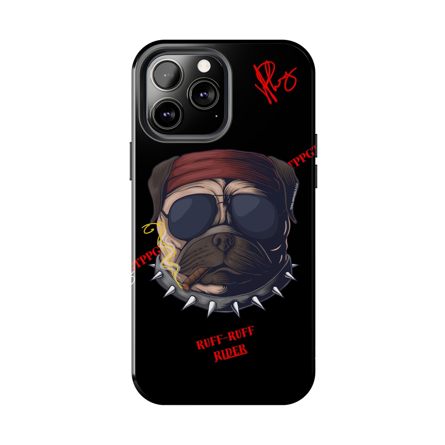 This Tough Design of A "Ruff Rider" with a Black Base Color - Cute Pet Design for Dog Owners Verision from the 'TPPG Collection' Line carries Several sizes of the "iPhone Series" Tough Phone Cases