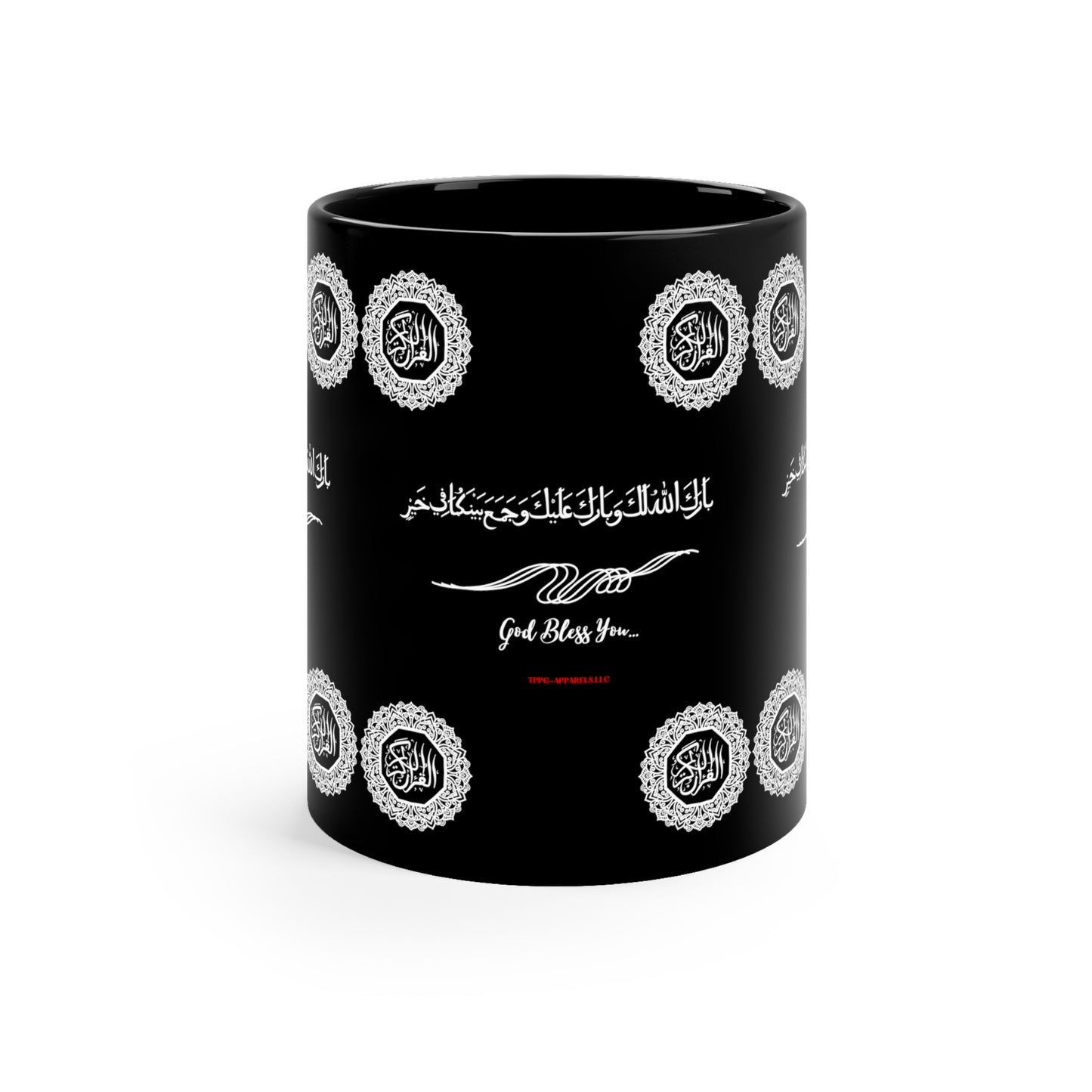 11oz (0.33I) Black Glossy Finish Coffee/Tea Mug w/Arabic "God Bless You' quote - from the 'TPPG-Apparels' Brand Collection