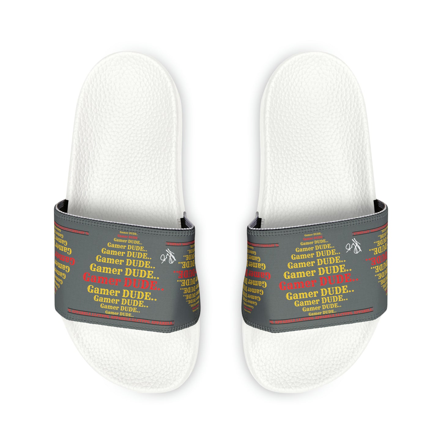 These are our "TPPG Brand" Grey Top/Black & White Soles "Gamer" Printed Men/Women's & Children Slide Sandals