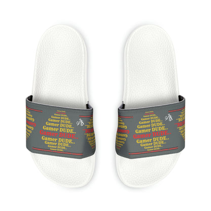 These are our "TPPG Brand" Grey Top/Black & White Soles "Gamer" Printed Men/Women's & Children Slide Sandals